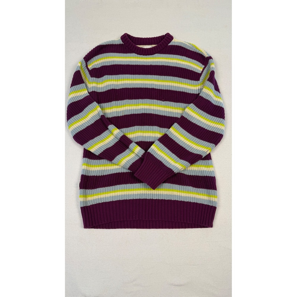 Obey Striped Crewneck Sweater Cotton Purple Grey Lime Green Small Chunky Knit